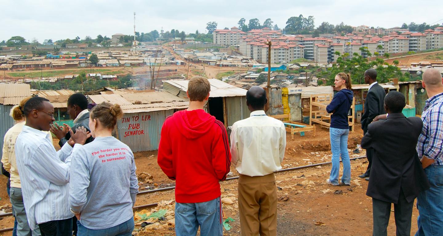 Students looking over a village on a service trip.