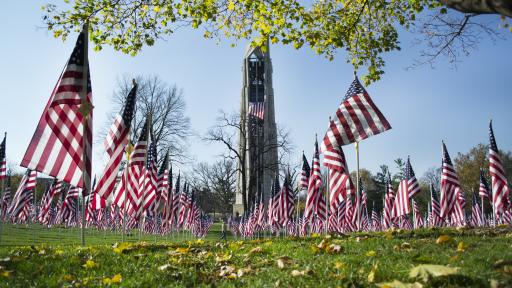 American flags at a memorial.